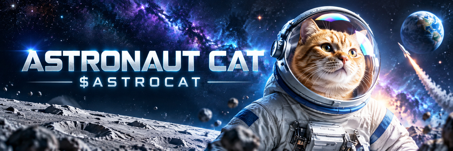 Astronaut Cat banner — orange tabby astronaut on the lunar surface with Earth and a nebula in the distance